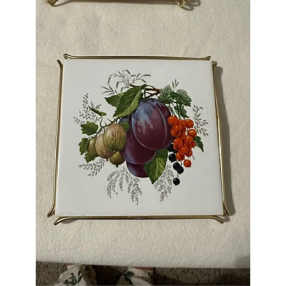 1970 Vintage Fruit Ceramic Tile Framed Artwork Trivets Set of 3